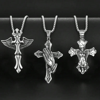 3PCs Men's Stainless Steel Necklace Suit Cross Pendant Necklace Suit Men's Gift Daily Wild Jewelry Suit