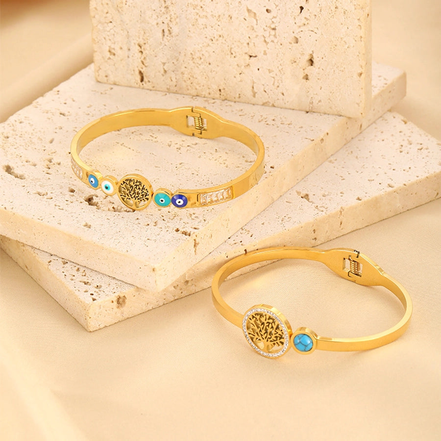 Simple Style Life Tree Eye 304 Stainless Steel 18K Gold Plated Turquoise Rhinestones Bangle In Bulk Stainless Steel Bracelets