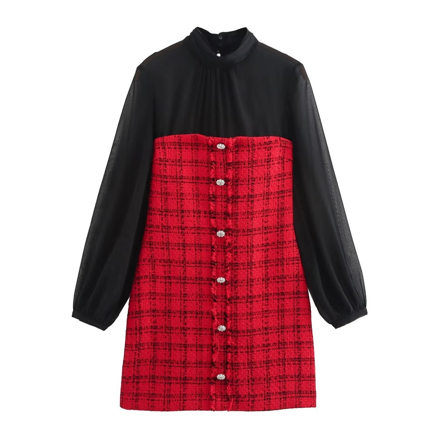 Women's Sheath Dress Elegant Sexy High Neck Lace Long Sleeve Color Block Plaid Above Knee Banquet Daily