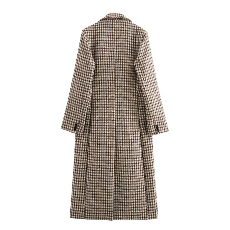 Women's Elegant Plaid Pocket Single Breasted Woolen Coat