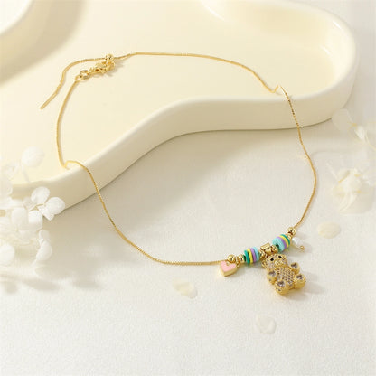 Jewelry Cute little bear Copper Zircon Inlay Pendant Necklace