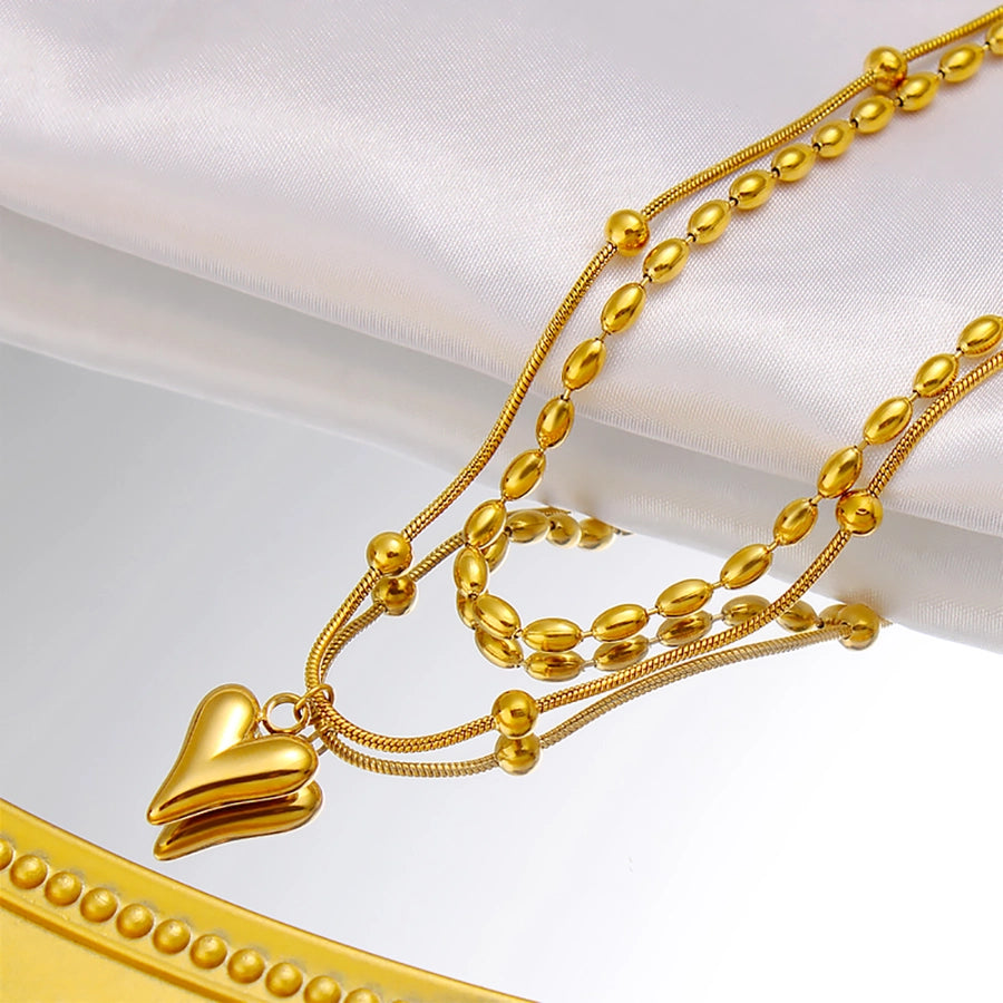 Jewelry Simple Style Heart Shape 304 Stainless Steel 18K Gold Plated Plating Double Layer Necklaces