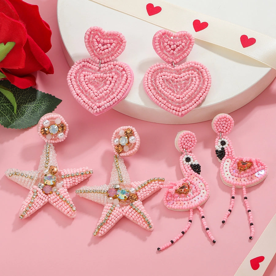 1 Pair Sweet Flamingo Heart Shape Cloth Earrings