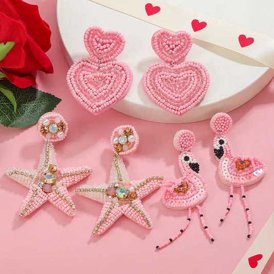 1 Pair Sweet Flamingo Heart Shape Cloth Earrings