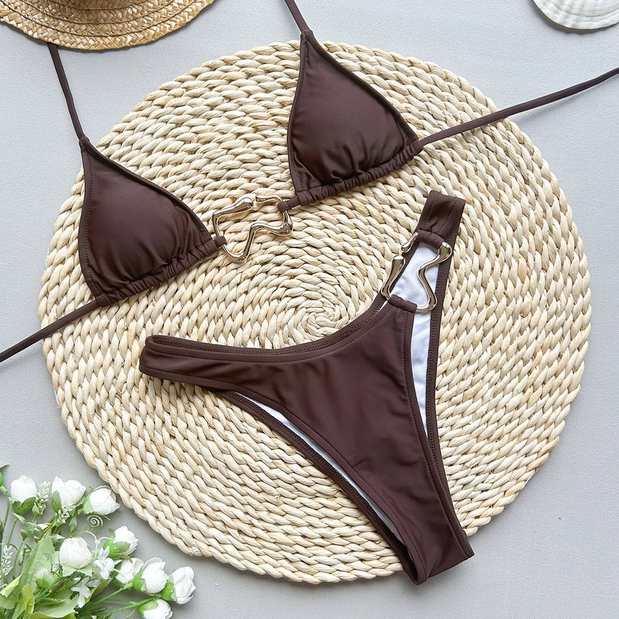 Women's Solid Color 2 Pieces Set Bikinis Swimwear