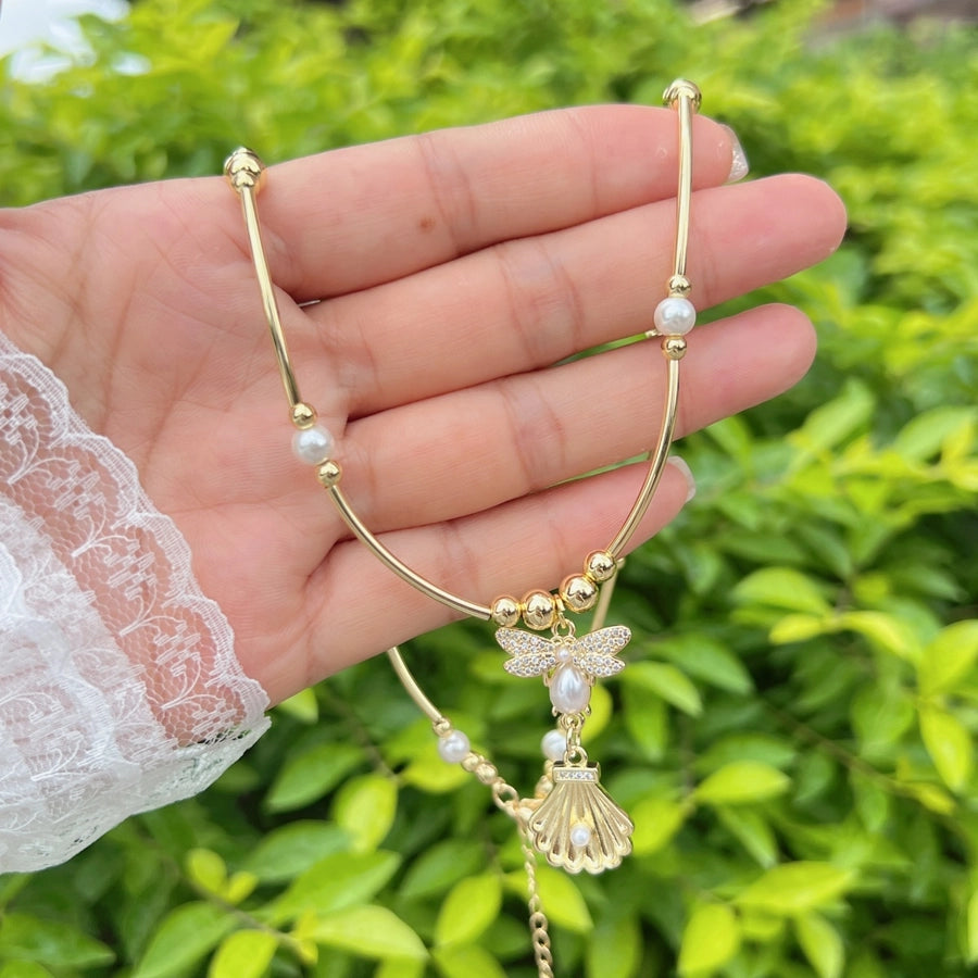 Jewelry Retro Eye Dragonfly Copper Pearl Zircon 18K Gold Plated Plating Inlay Pendant Necklace