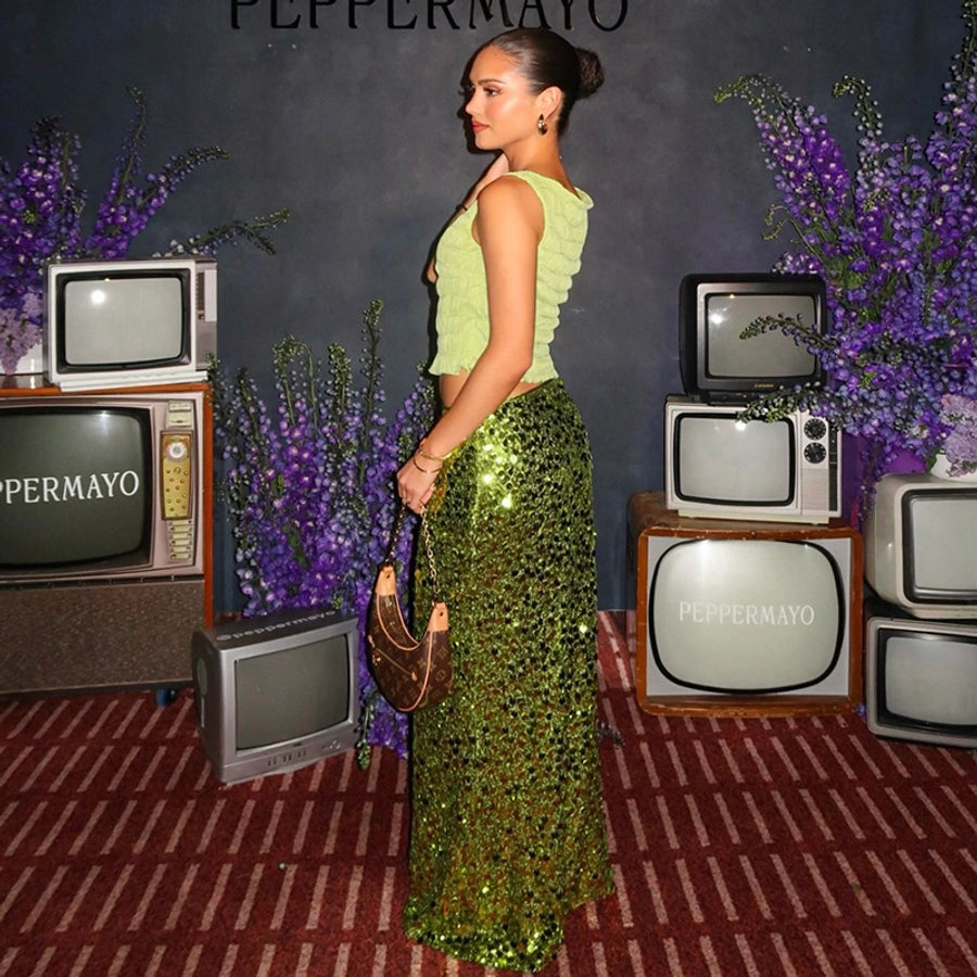 Summer Simple Style Glittery Polyester Maxi Long Dress Skirts