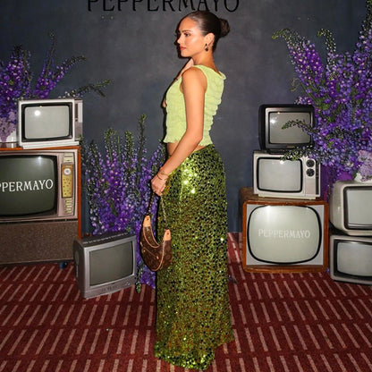 Summer Simple Style Glittery Polyester Maxi Long Dress Skirts