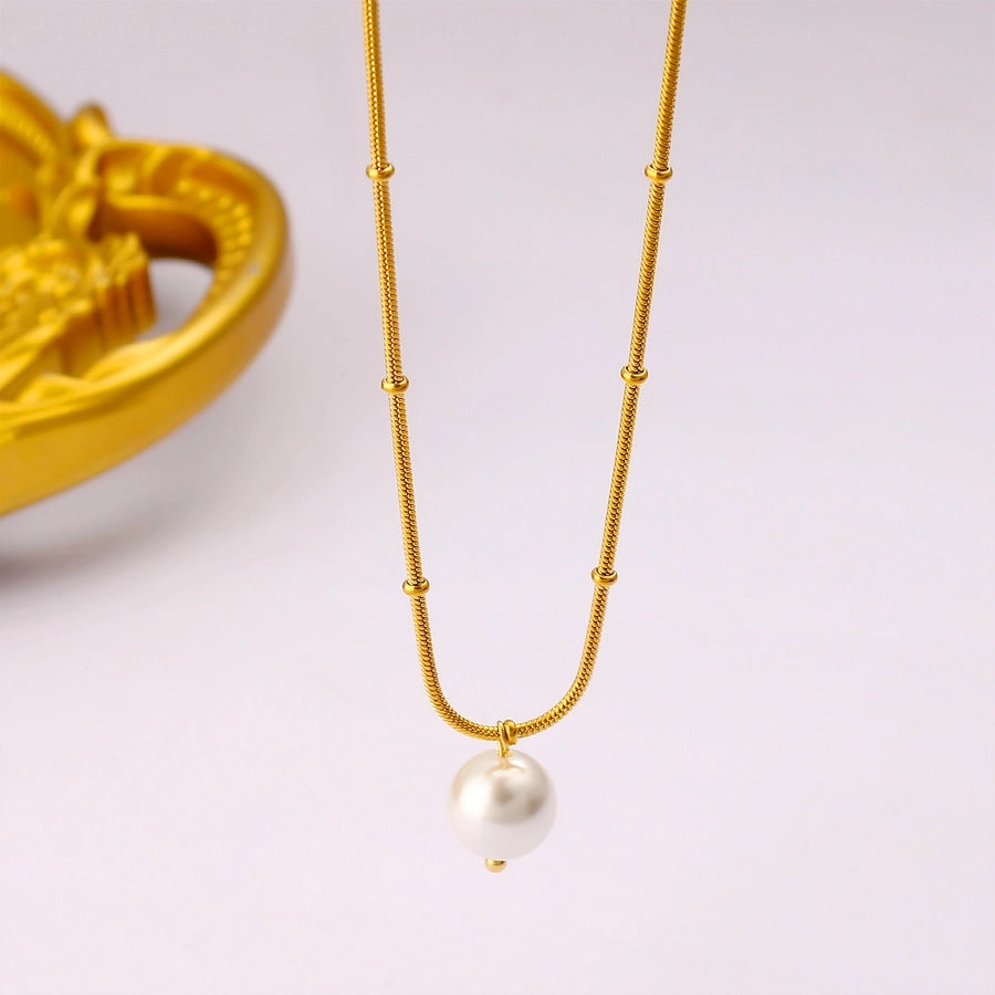 Jewelry IG Style Simple Style Round 304 Stainless Steel Pearl 18K Gold Plated Plating Inlay Pendant Necklace
