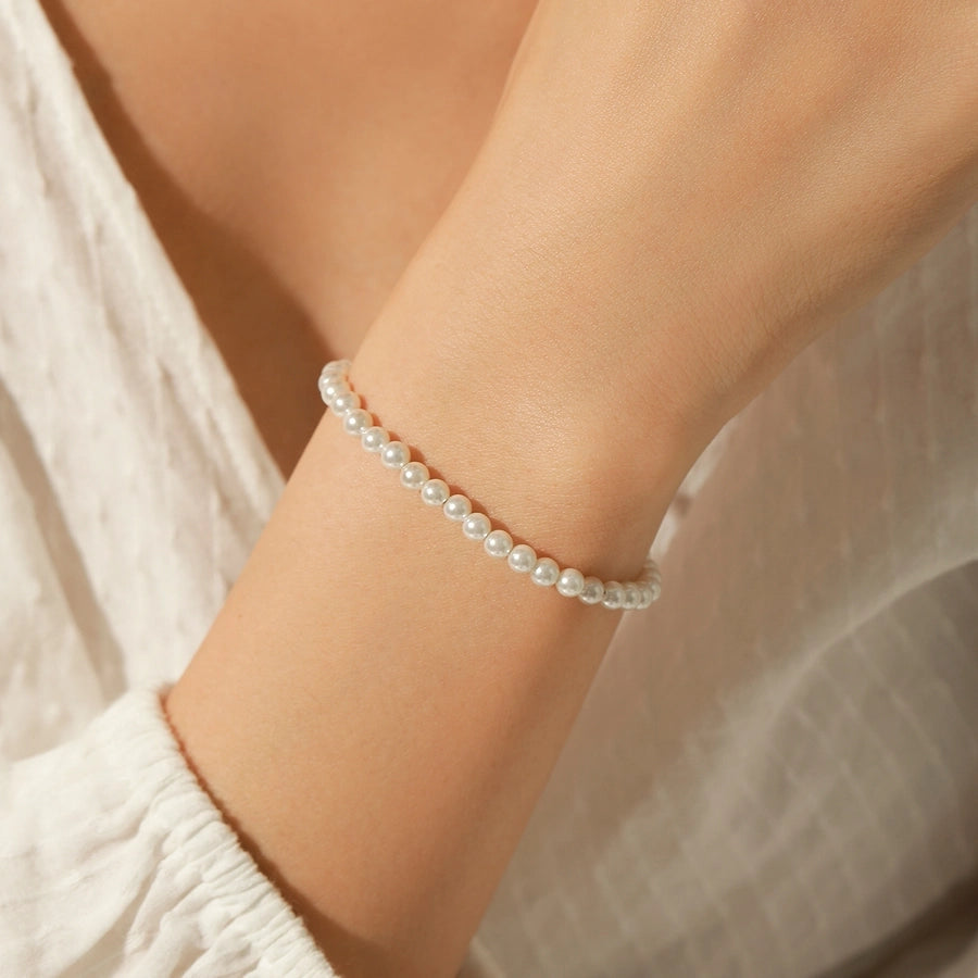 925 Sterling Silver Artificial Pearl Beaded Chain Bracelets IG Style Elegant Lady