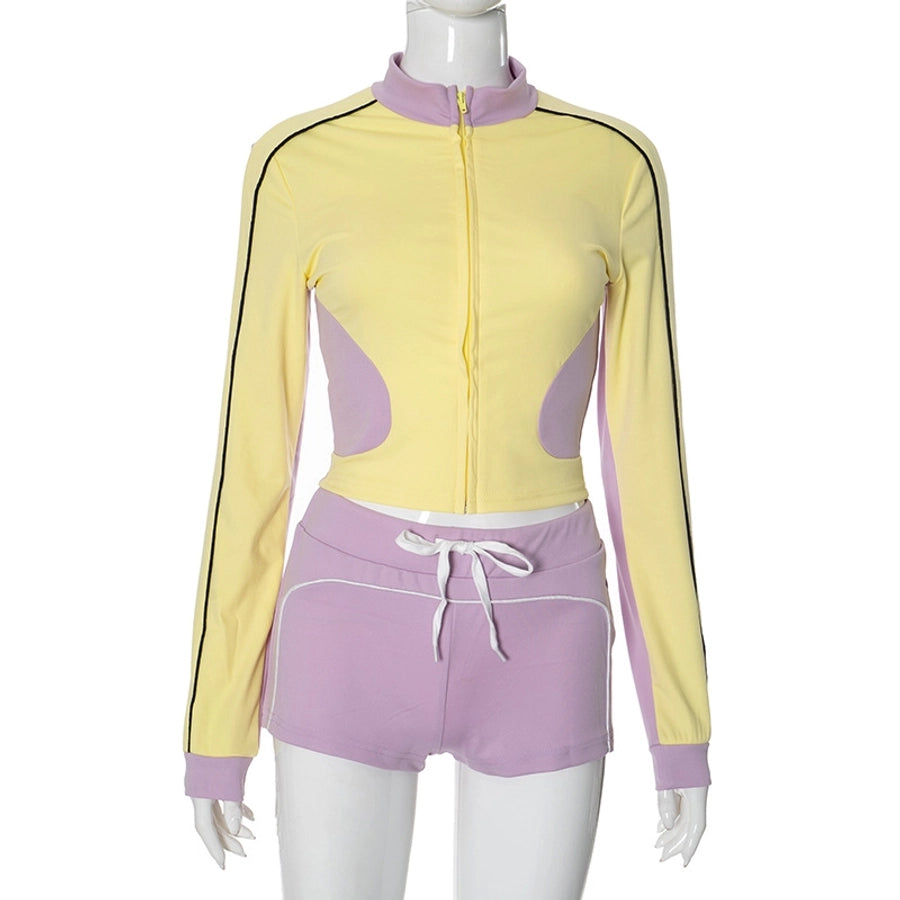 Daily Women's Streetwear Contrast Collar Spandex Polyester Twilled Satin Shorts Sets Shorts Sets