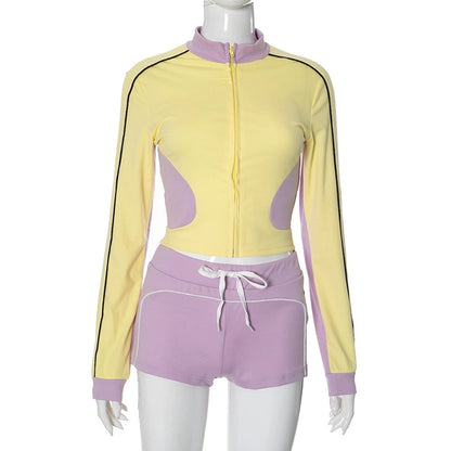 Daily Women's Streetwear Contrast Collar Spandex Polyester Twilled Satin Shorts Sets Shorts Sets