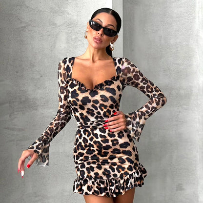 Women's Hip skirt Streetwear U Neck Ruffles Long Sleeve Solid Color Above Knee Holiday