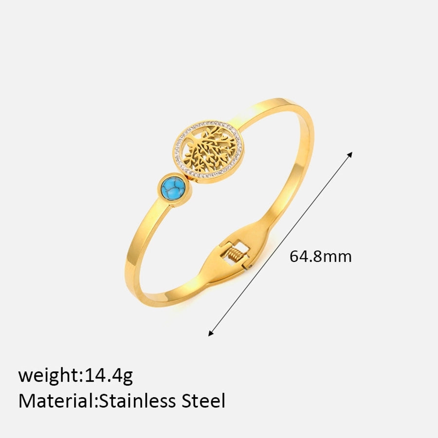 Simple Style Life Tree Eye 304 Stainless Steel 18K Gold Plated Turquoise Rhinestones Bangle In Bulk Stainless Steel Bracelets