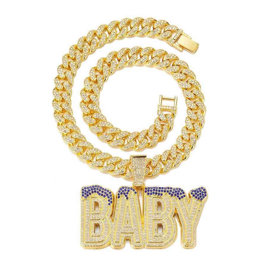 Cross-Border Hot Selling Men's Street Colorful Crystals English Letter Baby Pendant Rapper Hip Hop Cool Cuban Link Chain