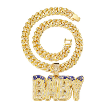 Cross-Border Hot Selling Men's Street Colorful Crystals English Letter Baby Pendant Rapper Hip Hop Cool Cuban Link Chain