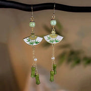 Silver Ear Hook: National Fan 2 Green Bamboo Tassel Earrings