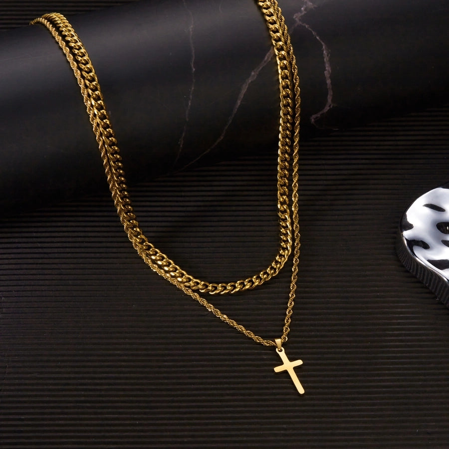 Hip-Hop Cross 201 Stainless Steel Men's Double Layer Necklaces