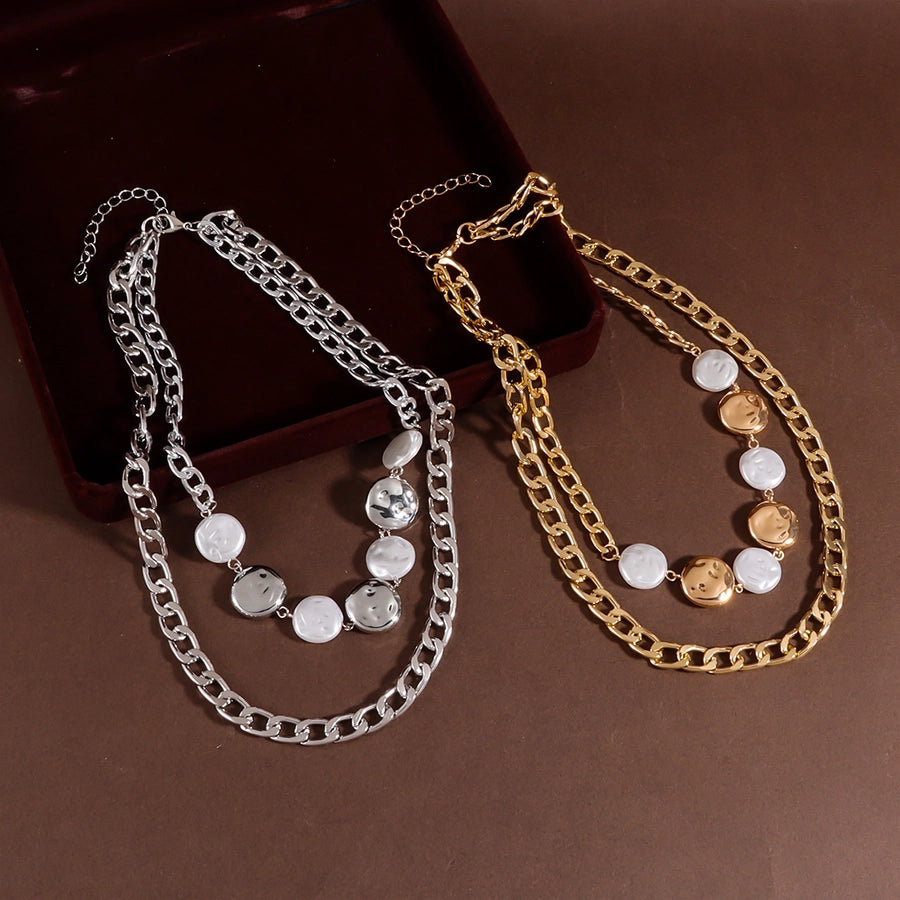 Retro Punk Geometric Alloy Beaded Chain Layered Necklaces