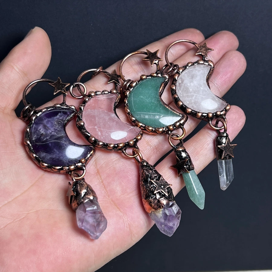 1 Piece 35*91mm Crystal Green aventurine Natural Stone Crystal Star Moon Pendant Jewelry Accessories