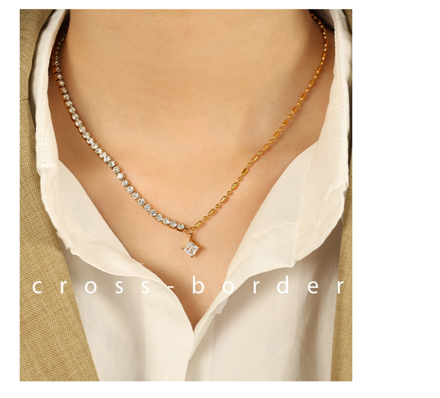 Jewelry Luxurious French Style Cool Style Asymmetrical 304 Stainless Steel Zircon 18K Gold Plated Polishing Plating Inlay Necklace