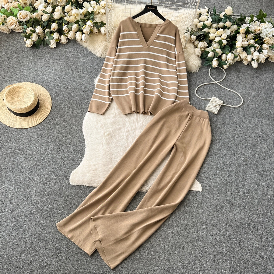 school outdoor daily women's simple style stripe simple spandex polyester knit elastic waist pants sets pants sets