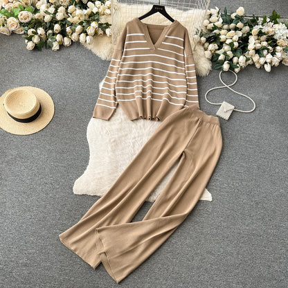 school outdoor daily women's simple style stripe simple spandex polyester knit elastic waist pants sets pants sets