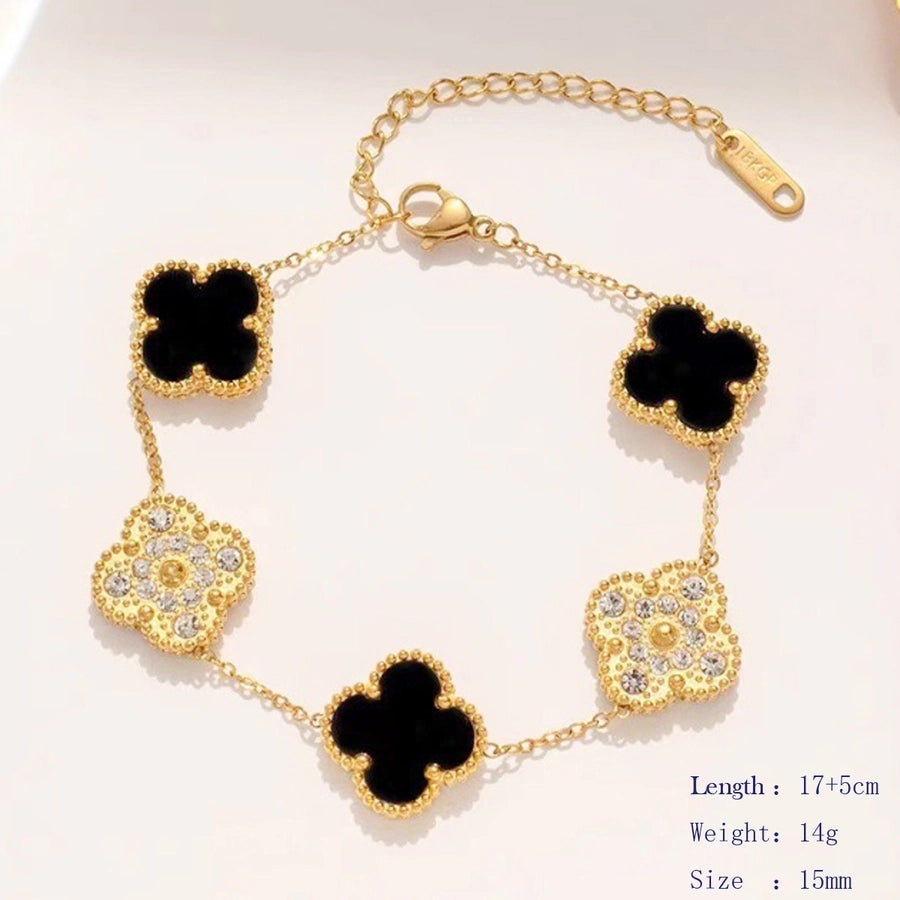 Elegant Four Leaf Clover 304 Stainless Steel 18K Gold Plated Rhinestones Shell cable chain Bracelets In Bulk Stainless Steel Bracelets