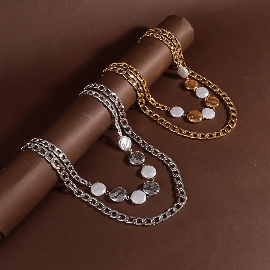 Retro Punk Geometric Alloy Beaded Chain Layered Necklaces