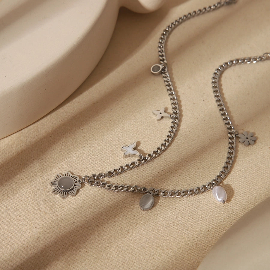 Jewelry IG Style Elegant Commute Solid Color Flower Butterfly 304 Stainless Steel Zircon 18K Gold Plated Plating Inlay Pendant Necklace