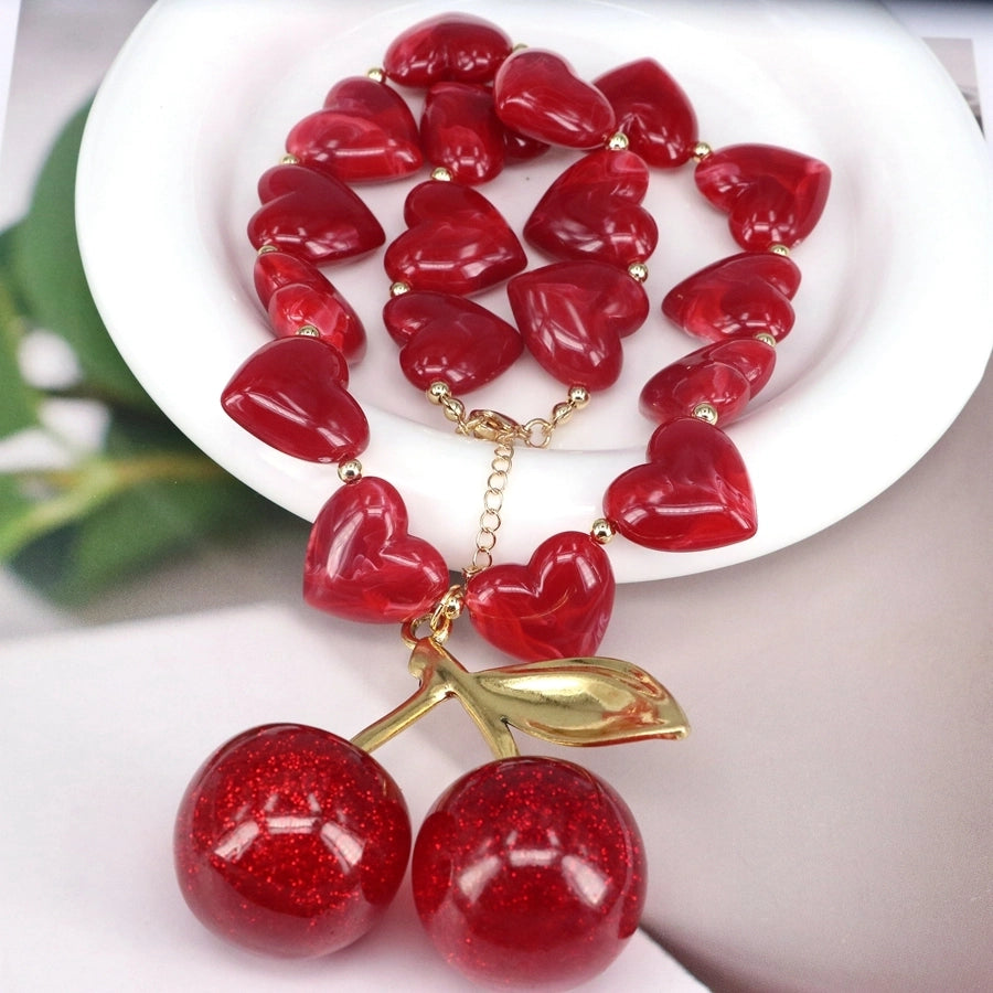 Jewelry Elegant Cherry Heart Shape Resin Copper 18K Gold 18K Gold Plated Plating Pendant Necklace
