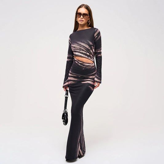 Women's Hip skirt Streetwear Round Neck Long Sleeve Printing Maxi Long Dress Daily