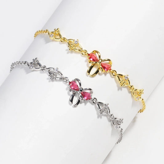 Jewelry Cute Sweet Simple Style Bow Knot Copper Zircon 18K Gold Plated White Gold Plated Bracelets