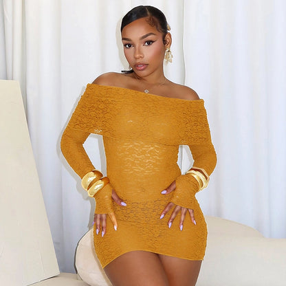 Women's Hip skirt Sexy Boat Neck Long Sleeve Solid Color Above Knee Masquerade