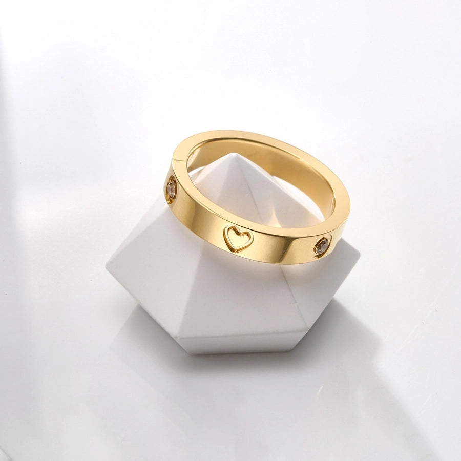 Jewelry Sweet Simple Style Heart Shape 316L Stainless Steel  Rhinestones 18K Gold Plated Inlay Rings