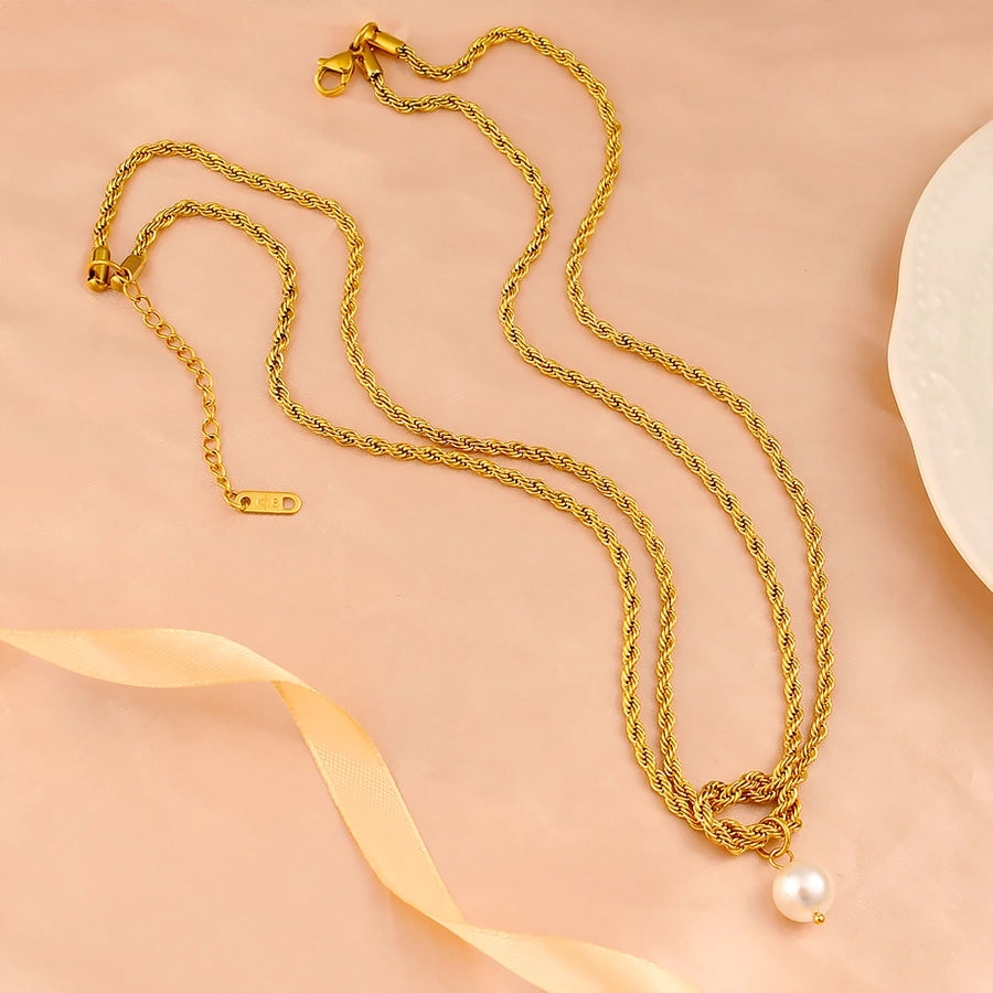 Jewelry Elegant Simple Style Twist 304 Stainless Steel Pearl 18K Gold Plated Plating Inlay Double Layer Necklaces