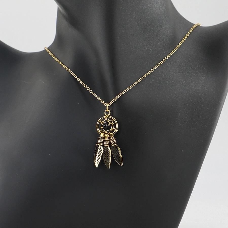 Jewelry Casual Vintage Style Leaf Dreamcatcher Feather 304 Stainless Steel Gold Plated Handmade Pendant Necklace