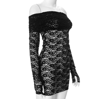 Women's Hip skirt Sexy Boat Neck Long Sleeve Solid Color Above Knee Masquerade