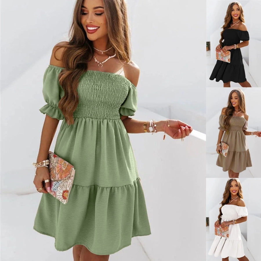 women's a-line skirt fashion boat neck patchwork short sleeve solid color above knee daily