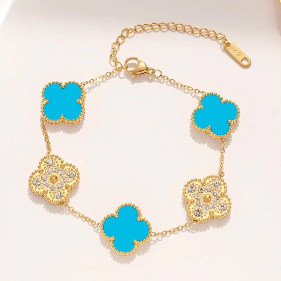 Elegant Four Leaf Clover 304 Stainless Steel 18K Gold Plated Rhinestones Shell cable chain Bracelets In Bulk Stainless Steel Bracelets