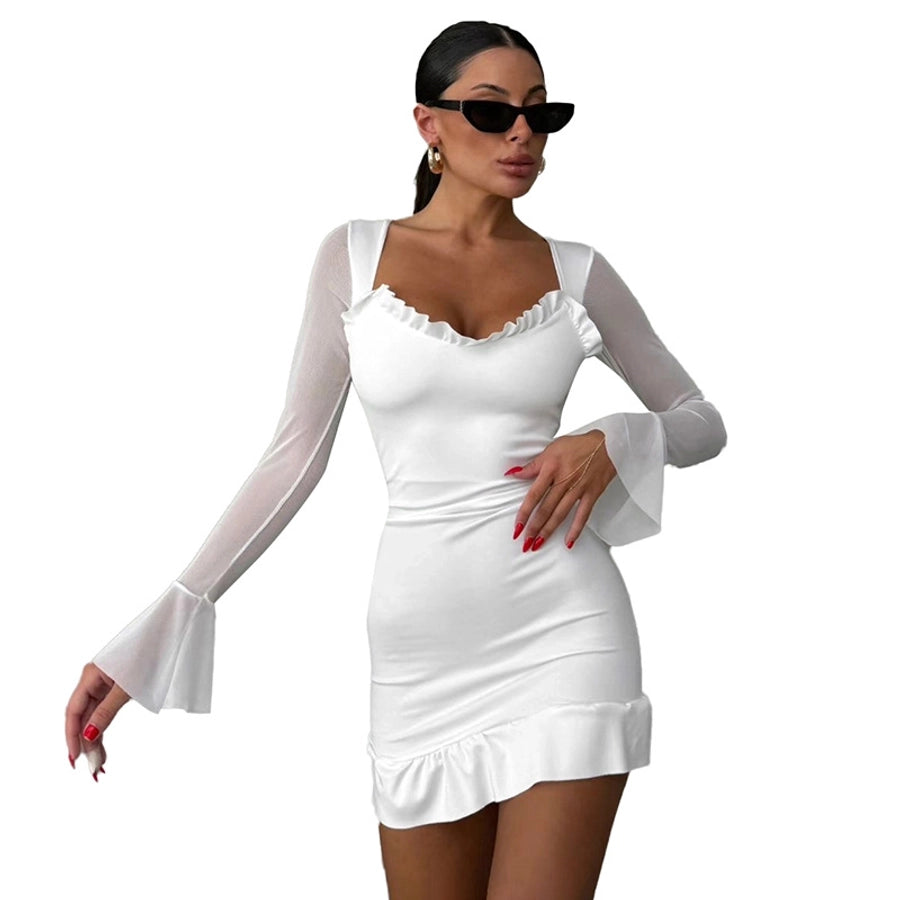 Women's Hip skirt Streetwear U Neck Ruffles Long Sleeve Solid Color Above Knee Holiday