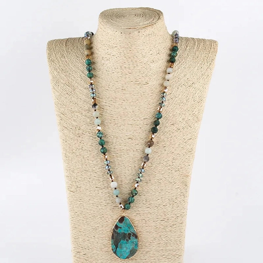 Retro Water Droplets Semi-precious stone natural stone Glass Beaded Chain Pendant Necklace In Bulk Natural stone necklace