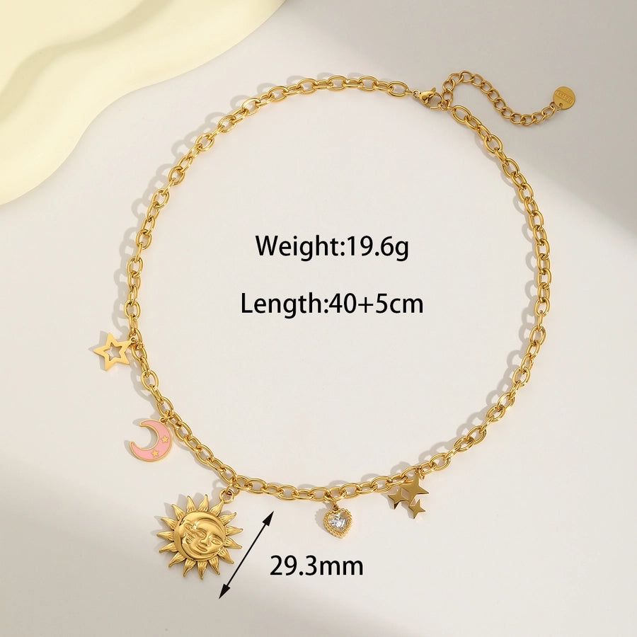 Jewelry Vintage Style Luxurious Classic Style Sun Moon 304 Stainless Steel Natural Stone Zircon 18K Gold Plated Inlay Pendant Necklace