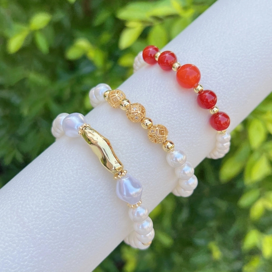 Nordic Style Round Zircon Imitation Pearl opal Copper Beaded Bracelets