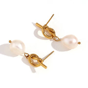 Knotted Button Freshwater Pearl Ear Studs-Gold