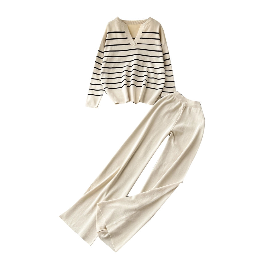 school outdoor daily women's simple style stripe simple spandex polyester knit elastic waist pants sets pants sets