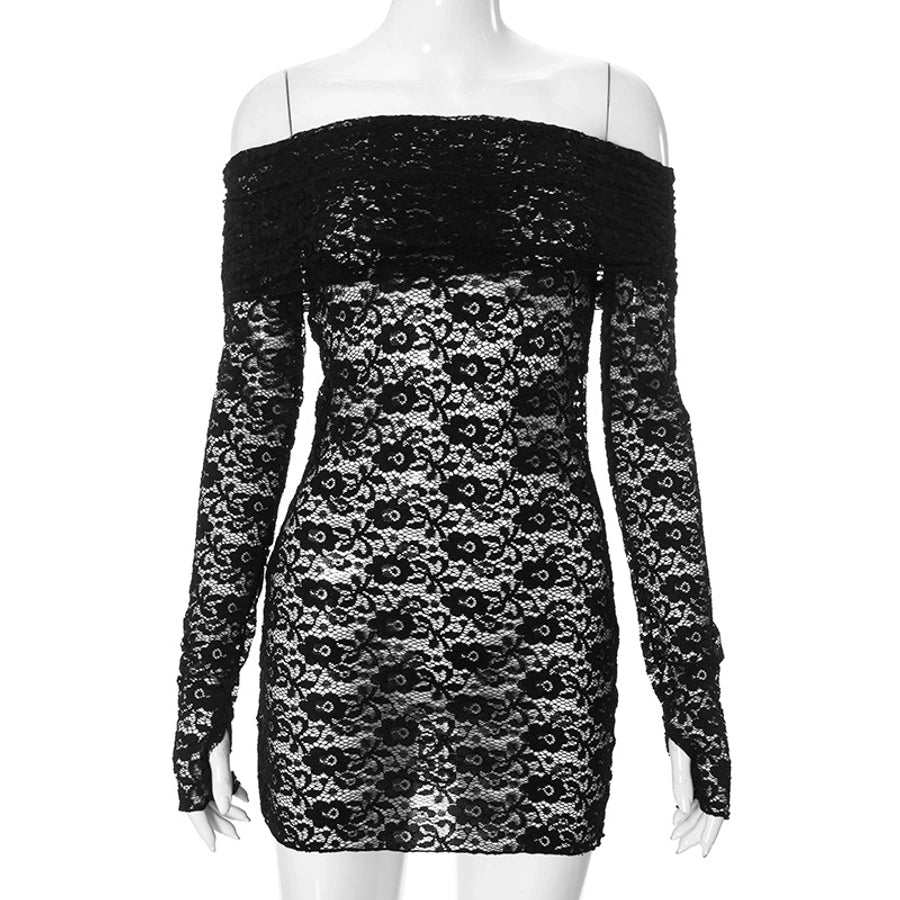 Women's Hip skirt Sexy Boat Neck Long Sleeve Solid Color Above Knee Masquerade