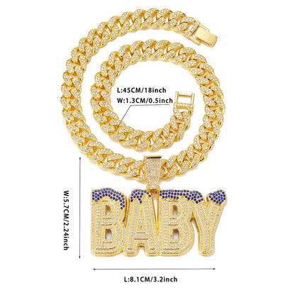 Cross-Border Hot Selling Men's Street Colorful Crystals English Letter Baby Pendant Rapper Hip Hop Cool Cuban Link Chain