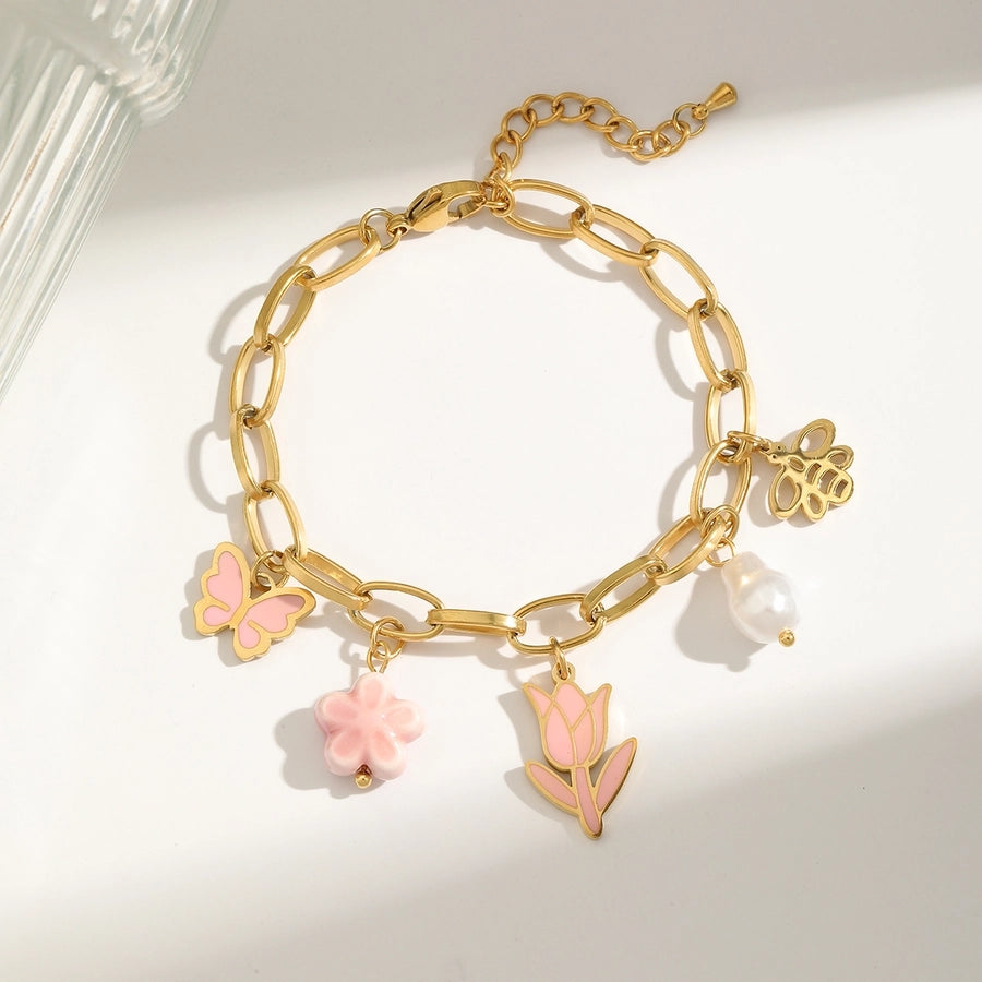 Jewelry Sweet Simple Style Flower Butterfly 304 Stainless Steel Imitation Pearl 18K Gold Plated Enamel Jewelry Set