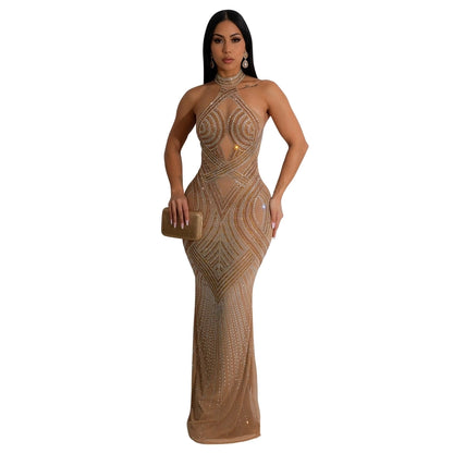 Women's Sheath Dress Elegant Halter Neck Sleeveless Solid Color Maxi Long Dress Cocktail Party